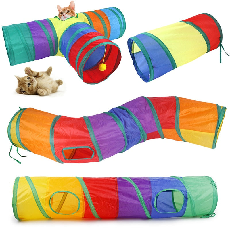Túnel Colorido para Gatos Brinquedo Interativo com Bolinha Pompom Playtime